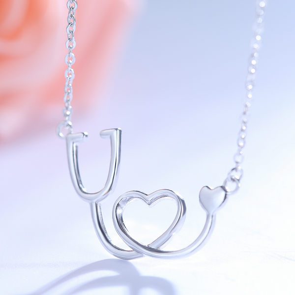 Sterling Silver Medical Stethoscope Heart Pendant Necklace - 925